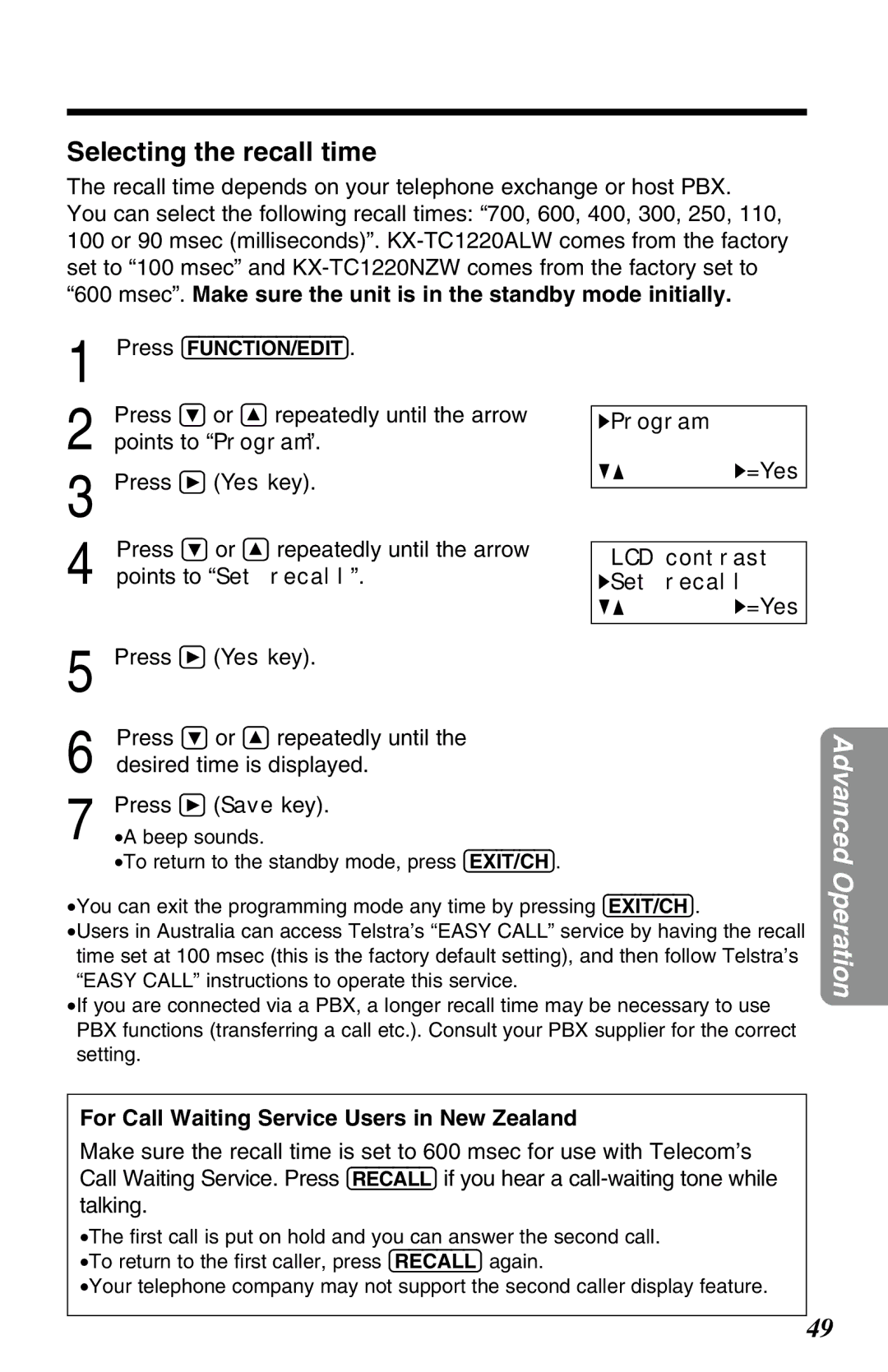 Panasonic KX-TC1220NZW operating instructions Selecting the recall time, Points to Set recall, Desired time is displayed 