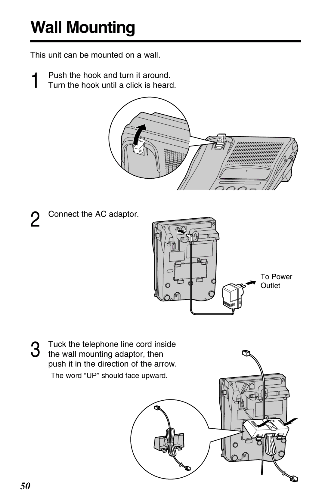 Panasonic KX-TC1220NZW Wall Mounting, Tuck the telephone line cord inside, Wall mounting adaptor, then 