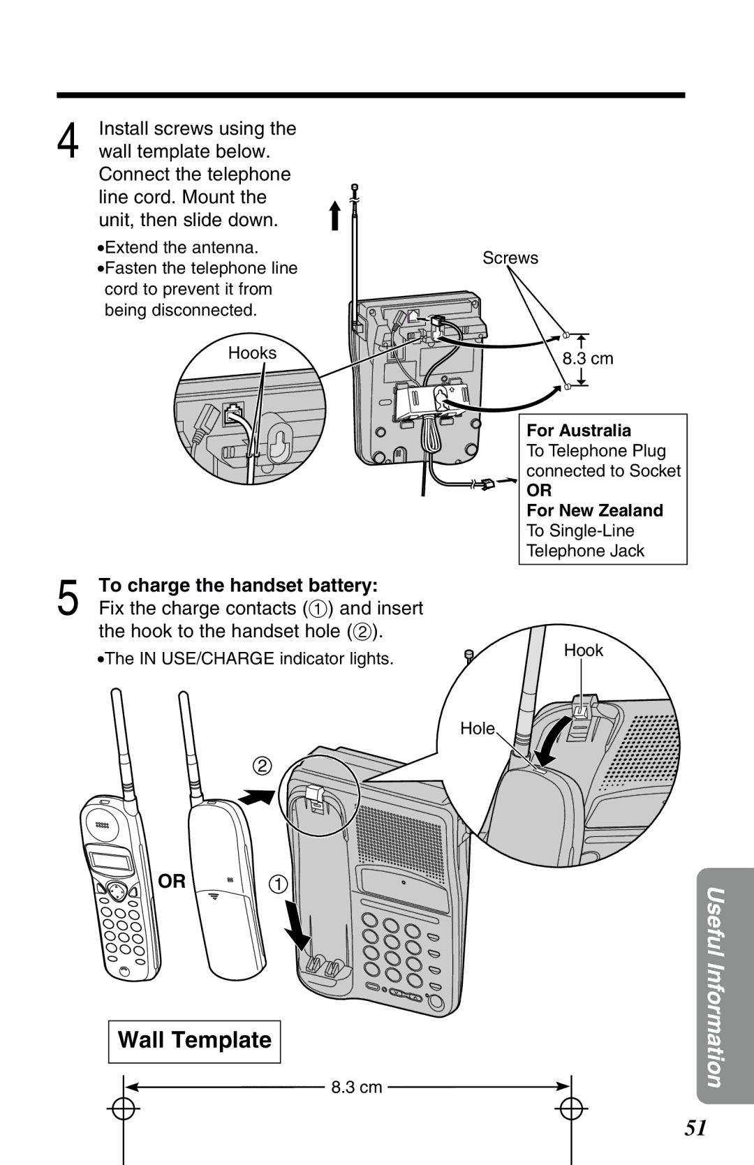 Panasonic KX-TC1220NZW operating instructions Wall Template, To charge the handset battery 