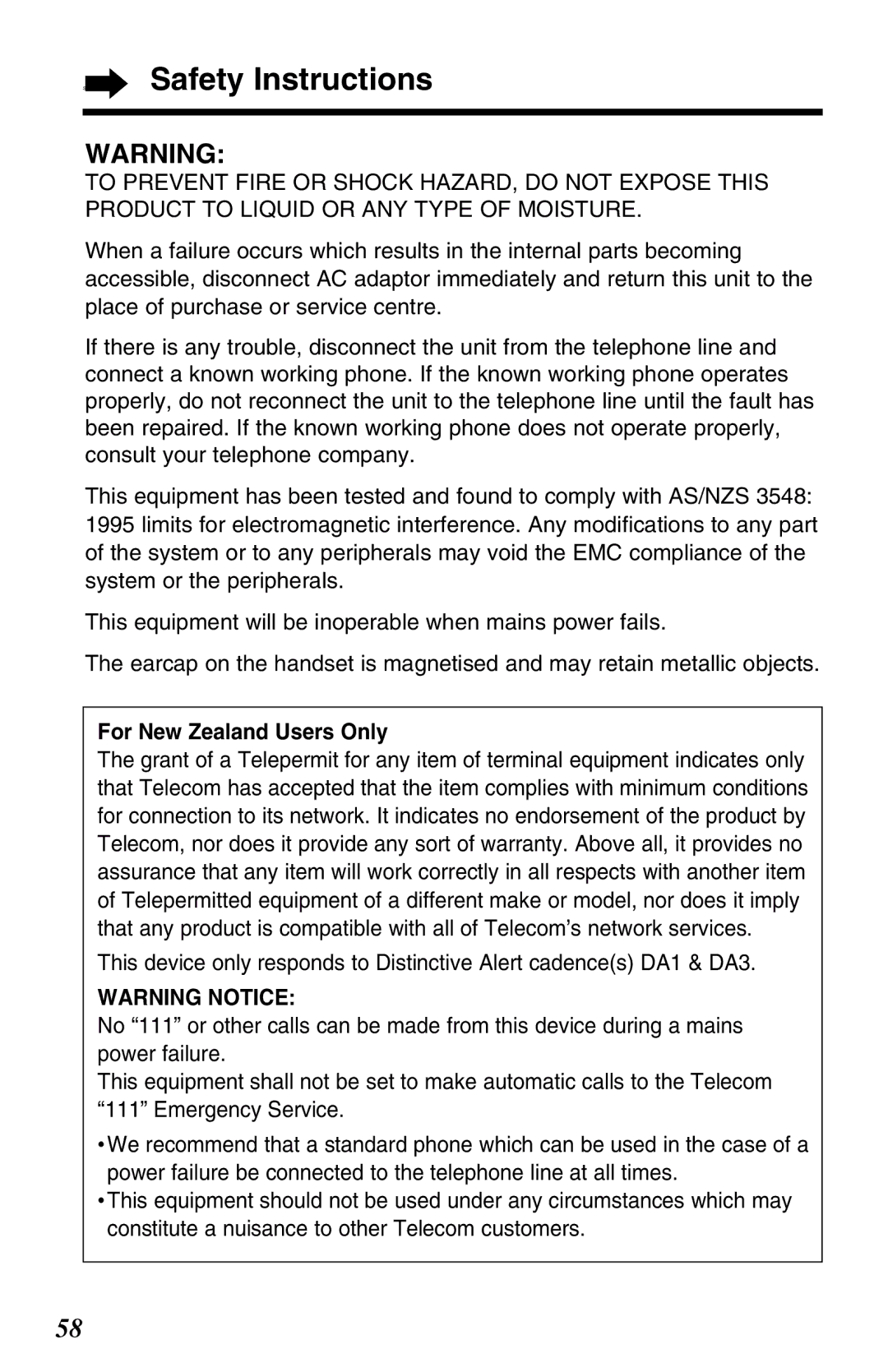 Panasonic KX-TC1220NZW operating instructions For New Zealand Users Only 