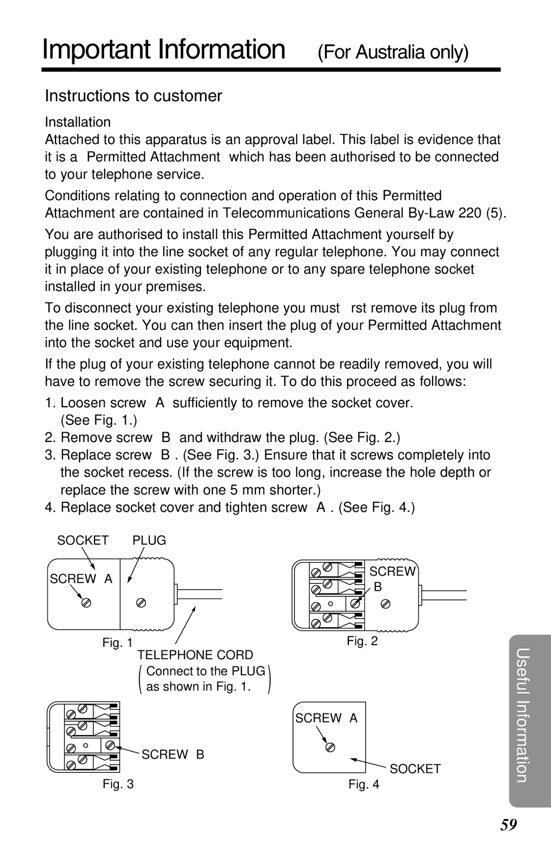 Panasonic KX-TC1220NZW Important Information For Australia only, Instructions to customer, Installation 