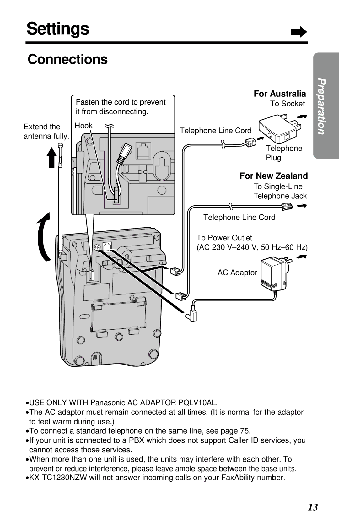 Panasonic KX-TC1230NZW, KX-TC1230ALW, KX-TC1230ALW, KX-TC1230NZW operating instructions Settings, Connections 