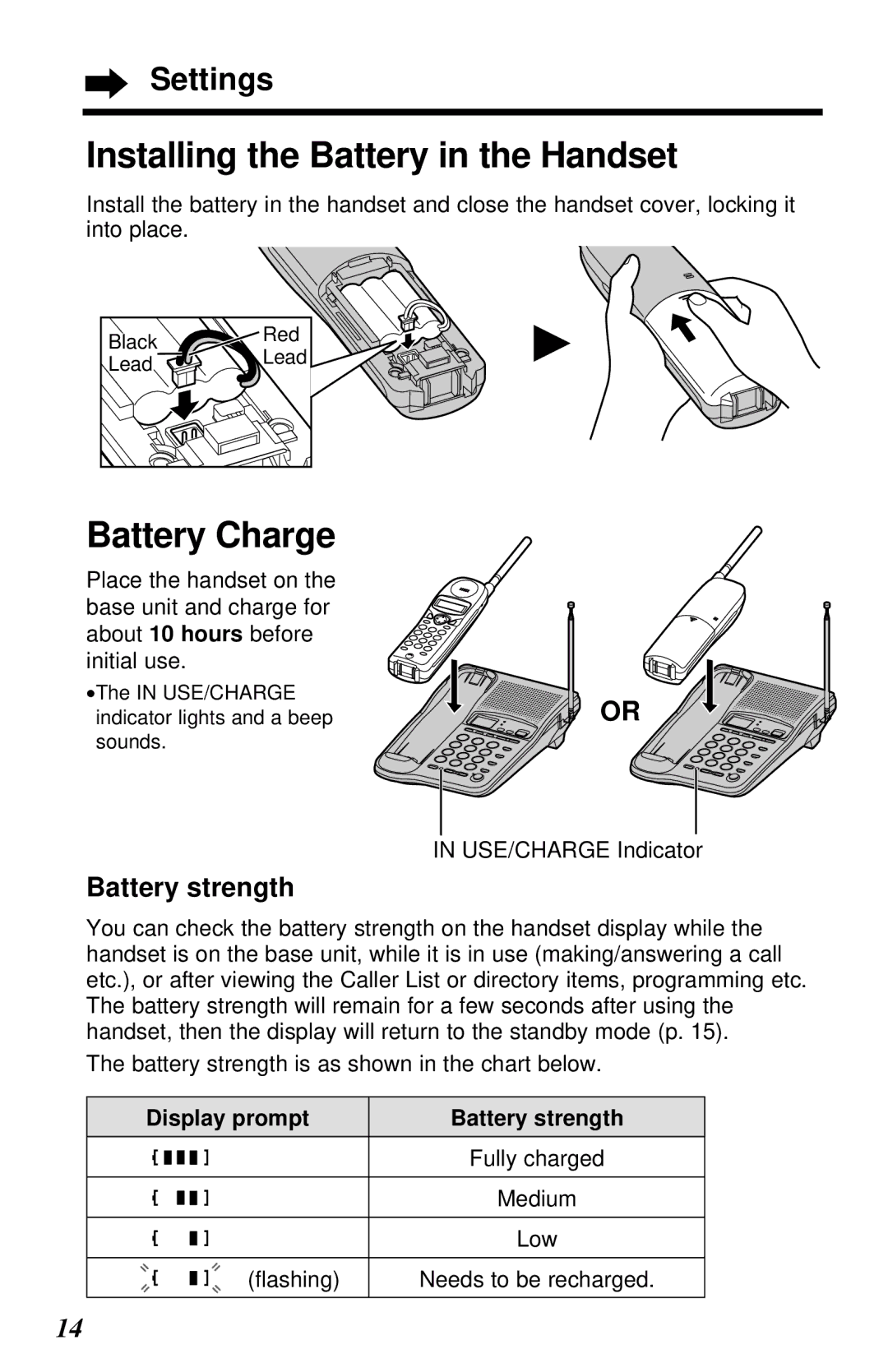 Panasonic KX-TC1230ALW, KX-TC1230NZW, KX-TC1230NZW, KX-TC1230ALW Installing the Battery in the Handset, Battery strength 