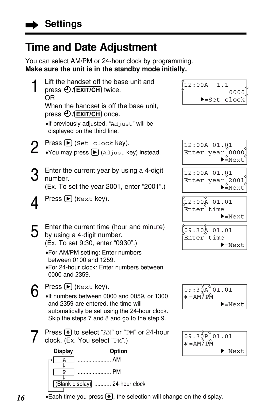 Panasonic KX-TC1230ALW, KX-TC1230NZW Time and Date Adjustment, You can select AM/PM or 24-hour clock by programming 