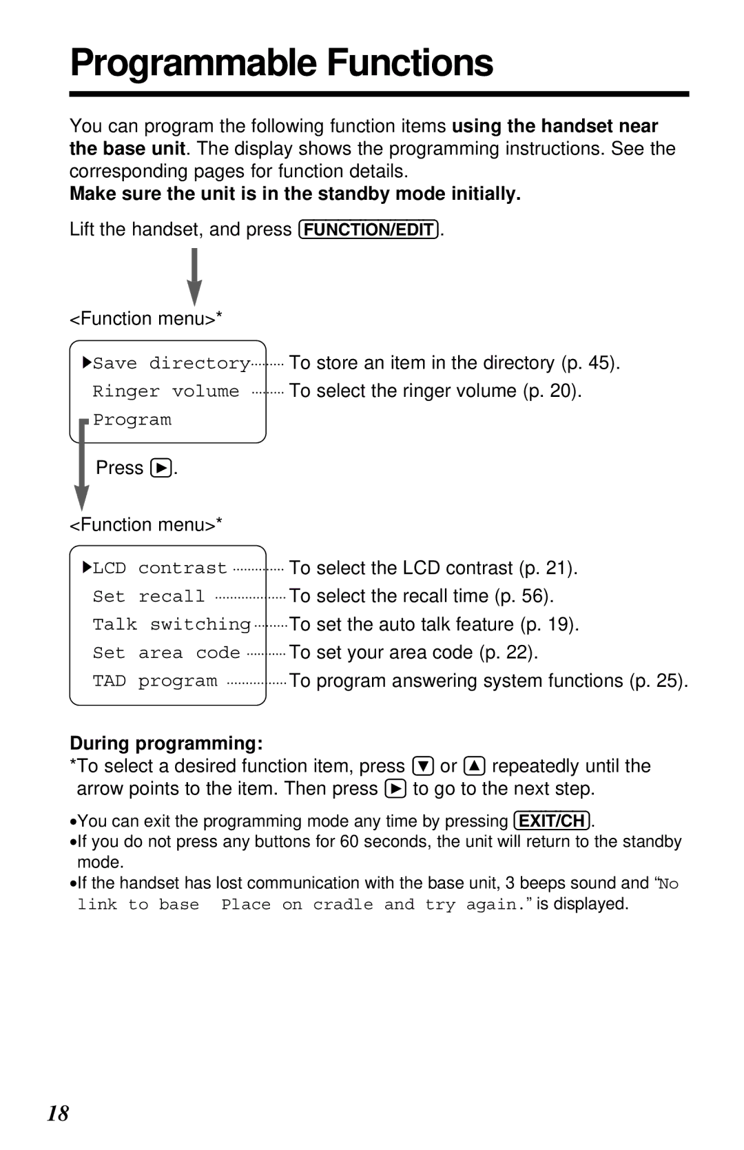 Panasonic KX-TC1230ALW, KX-TC1230NZW Programmable Functions, To select the recall time p, During programming 