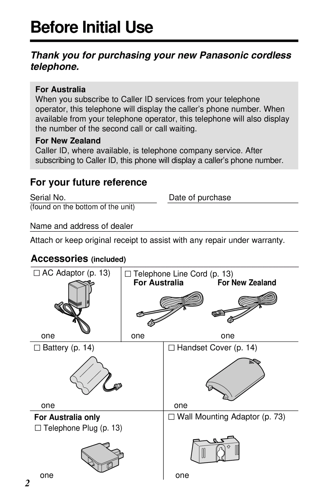 Panasonic KX-TC1230ALW, KX-TC1230NZW Before Initial Use, For your future reference, Accessories included 