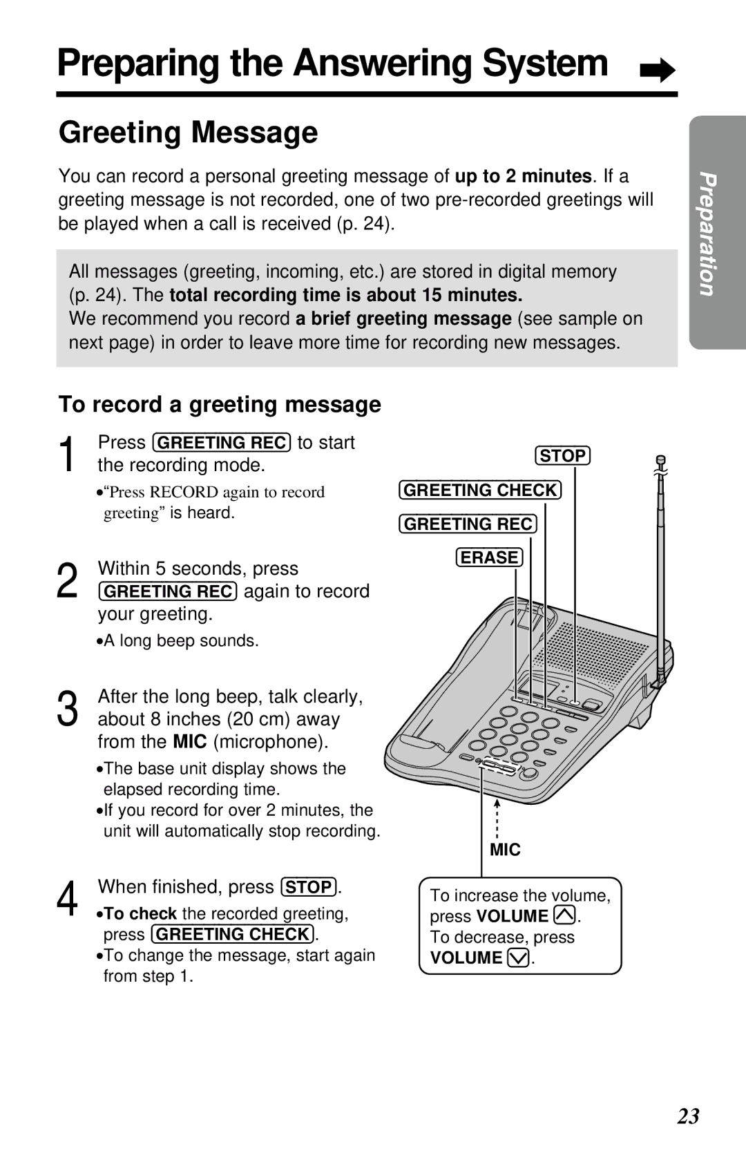 Panasonic KX-TC1230NZW, KX-TC1230ALW Preparing the Answering System, Greeting Message, To record a greeting message 