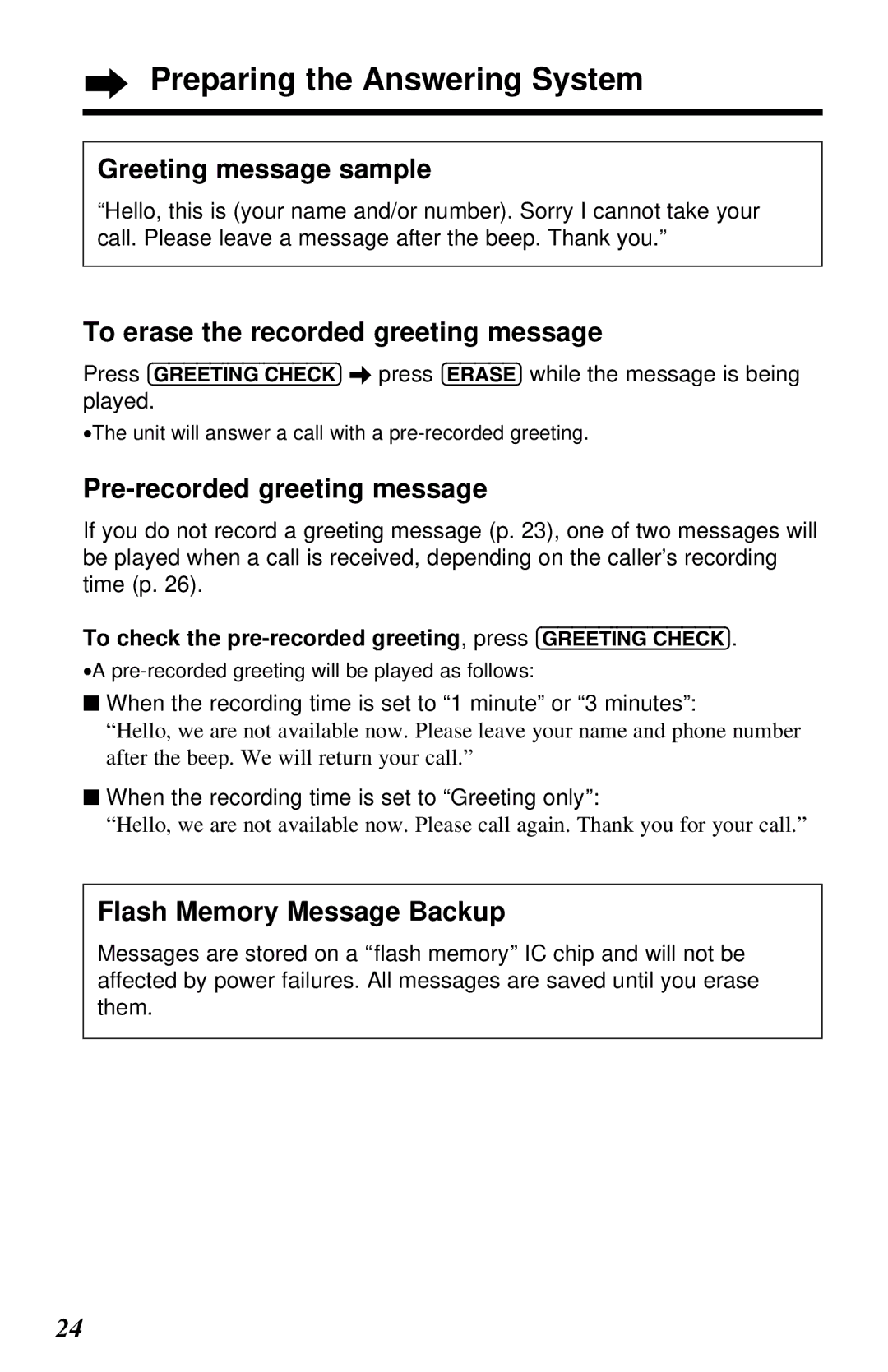 Panasonic KX-TC1230ALW, KX-TC1230NZW operating instructions Greeting message sample, To erase the recorded greeting message 