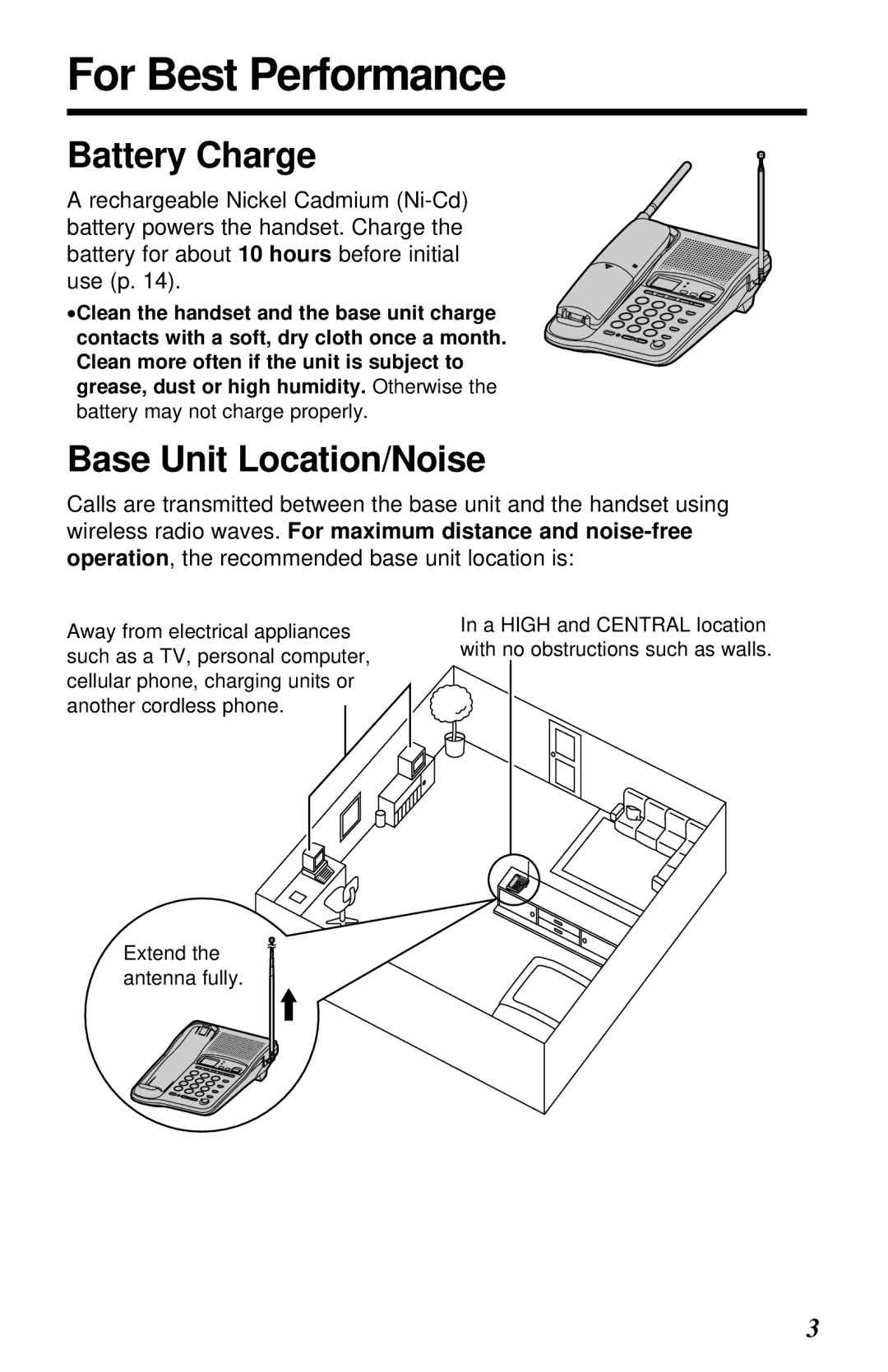 Panasonic KX-TC1230NZW, KX-TC1230ALW operating instructions For Best Performance, Battery Charge, Base Unit Location/Noise 