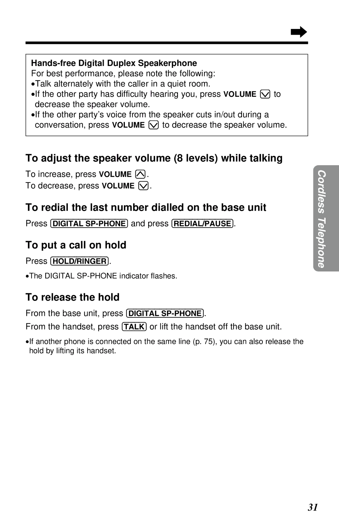 Panasonic KX-TC1230NZW, KX-TC1230ALW To adjust the speaker volume 8 levels while talking, To put a call on hold 