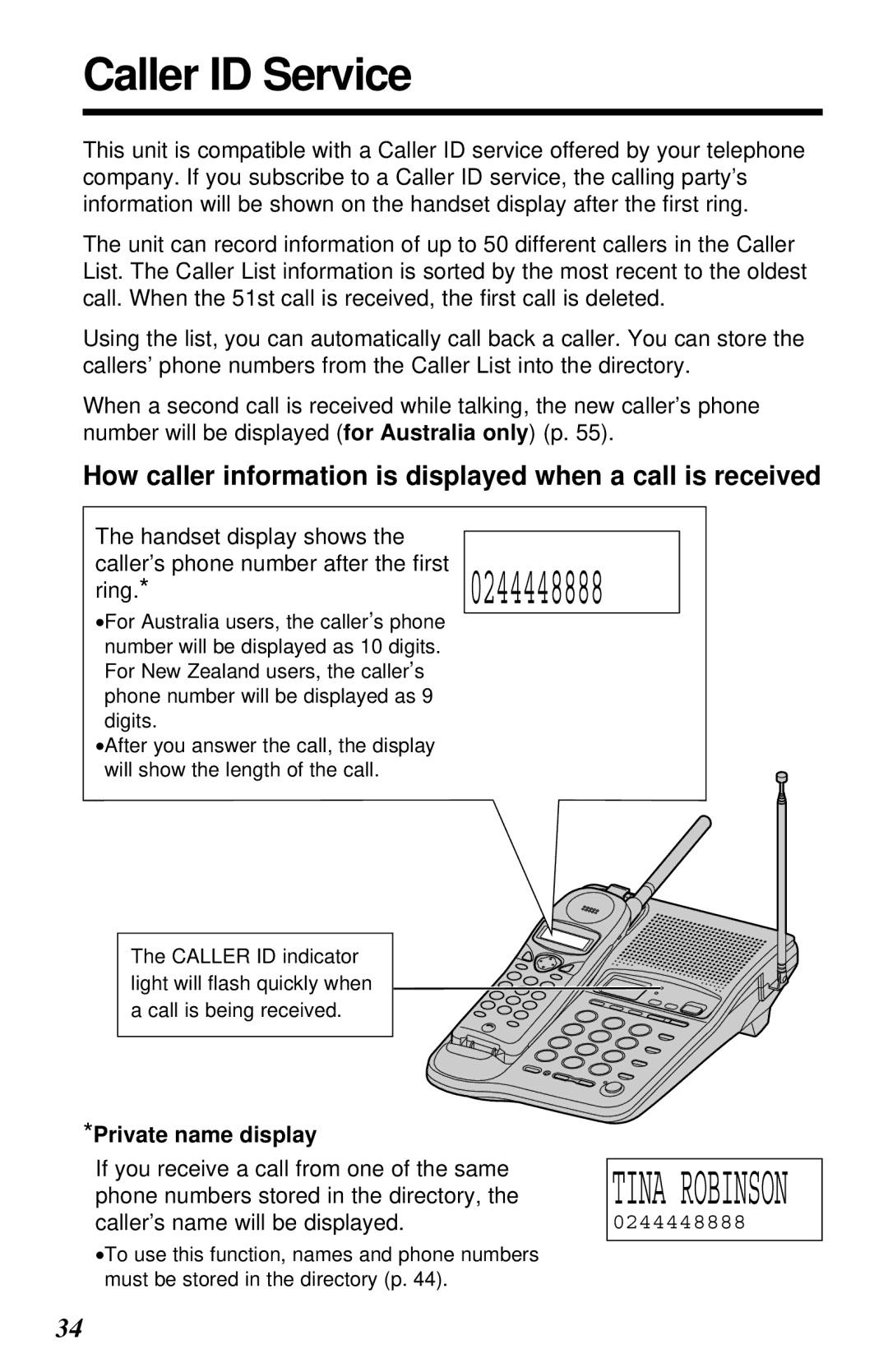 Panasonic KX-TC1230ALW, KX-TC1230NZW Caller ID Service, How caller information is displayed when a call is received 