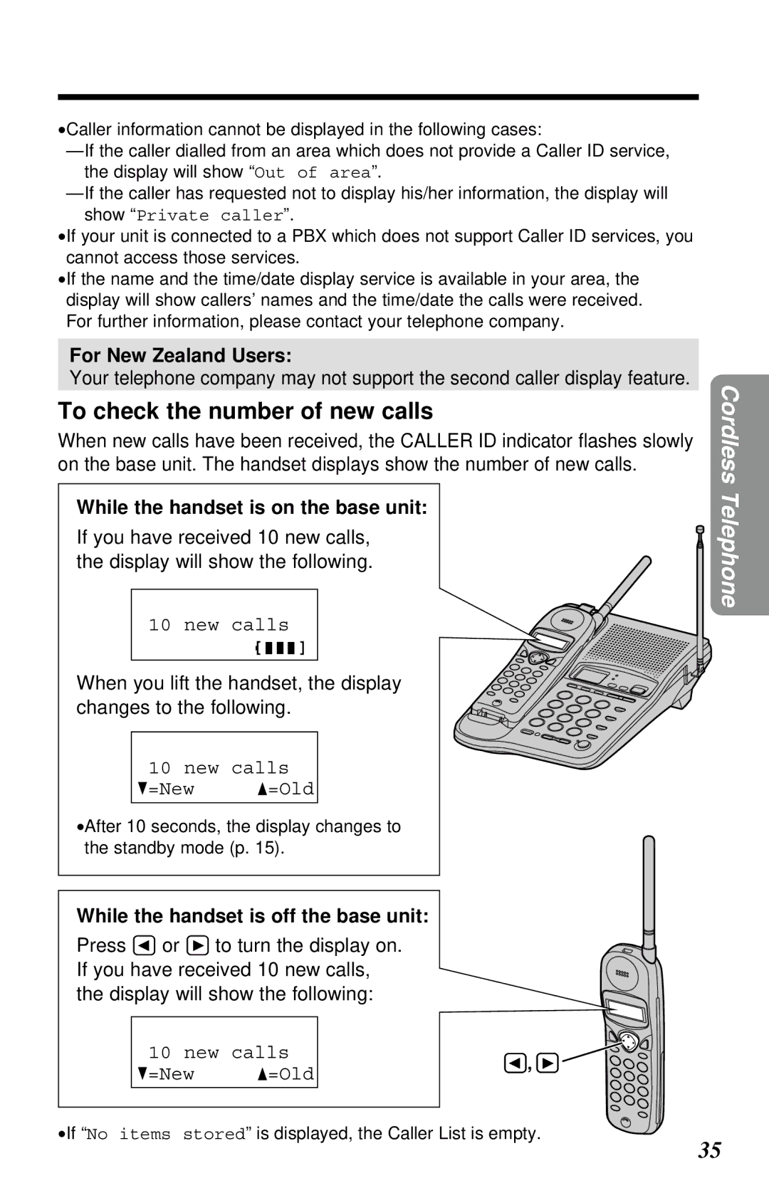 Panasonic KX-TC1230NZW, KX-TC1230ALW To check the number of new calls, While the handset is on the base unit 