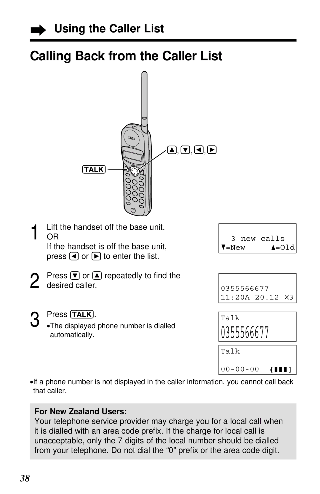 Panasonic KX-TC1230ALW, KX-TC1230NZW, KX-TC1230NZW, KX-TC1230ALW 0355566677, Calling Back from the Caller List 