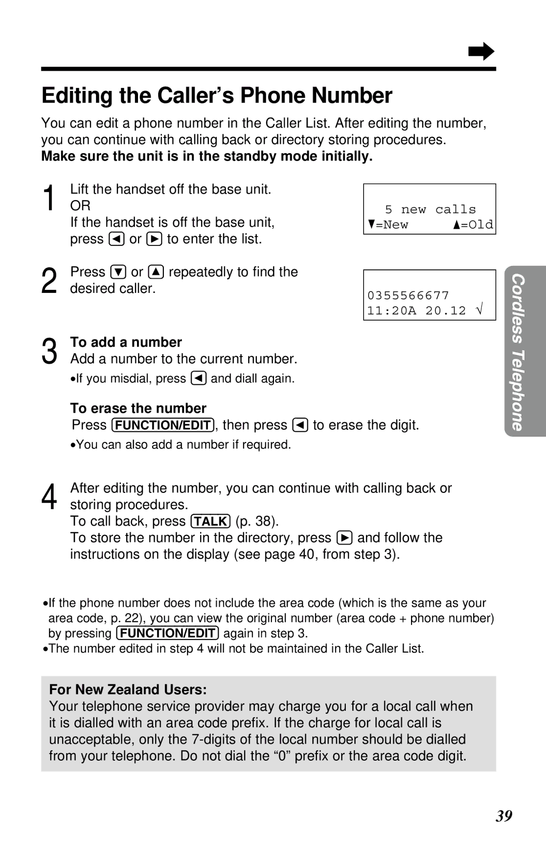 Panasonic KX-TC1230NZW, KX-TC1230ALW, KX-TC1230ALW, KX-TC1230NZW operating instructions Editing the Caller’s Phone Number 