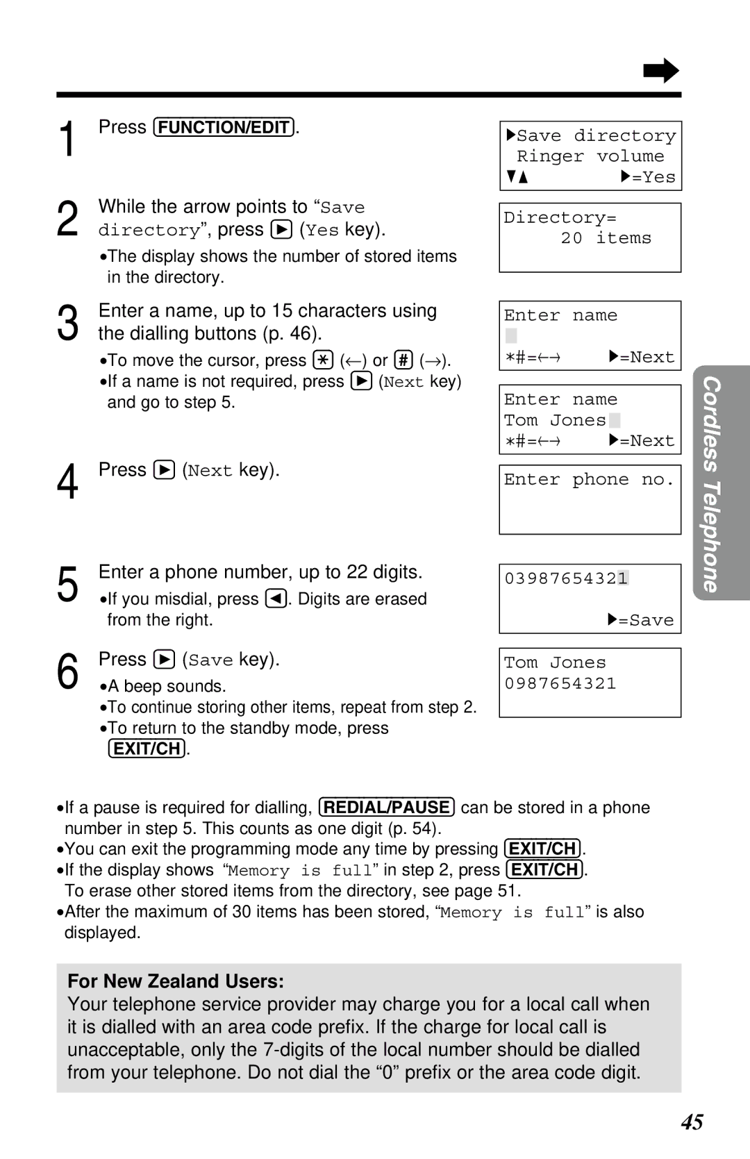 Panasonic KX-TC1230NZW, KX-TC1230ALW While the arrow points to Save, Directory, press á Yes key, Dialling buttons p 