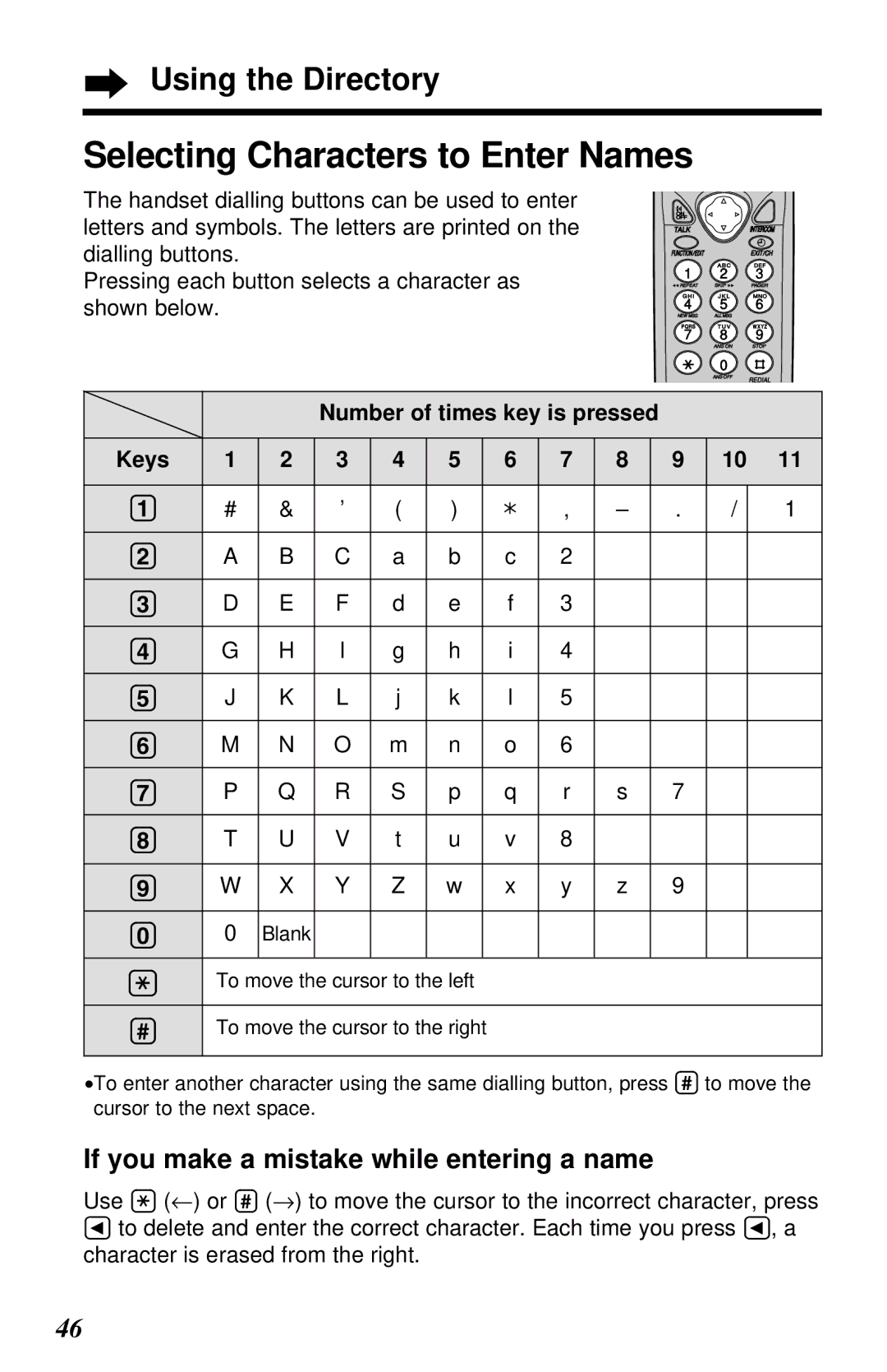 Panasonic KX-TC1230ALW, KX-TC1230NZW Selecting Characters to Enter Names, If you make a mistake while entering a name 