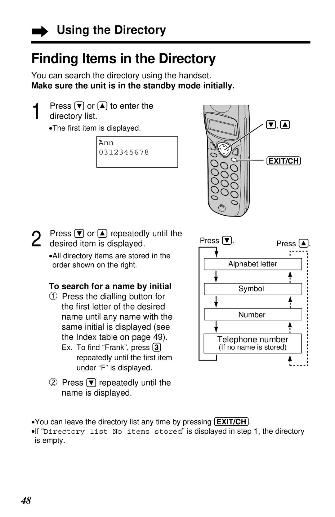 Panasonic KX-TC1230ALW, KX-TC1230NZW operating instructions Finding Items in the Directory, To search for a name by initial 