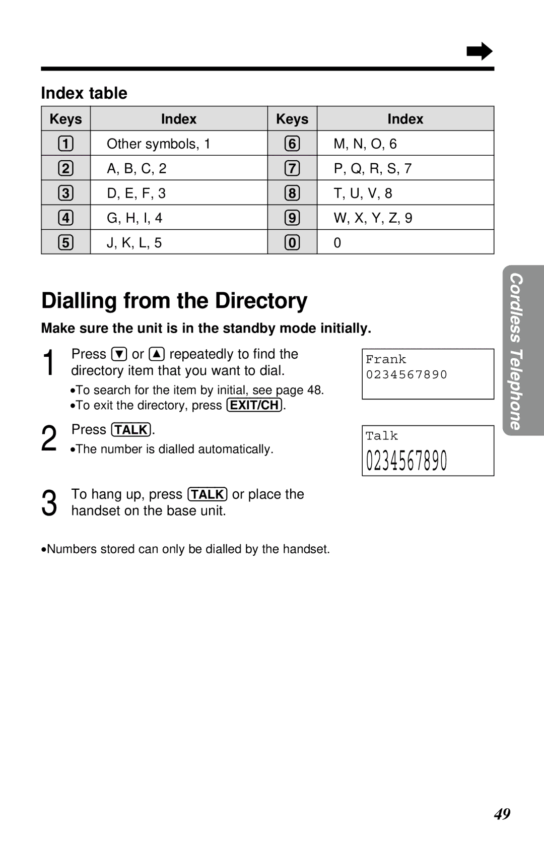 Panasonic KX-TC1230NZW, KX-TC1230ALW, KX-TC1230ALW, KX-TC1230NZW Dialling from the Directory, Index table, Keys Index 