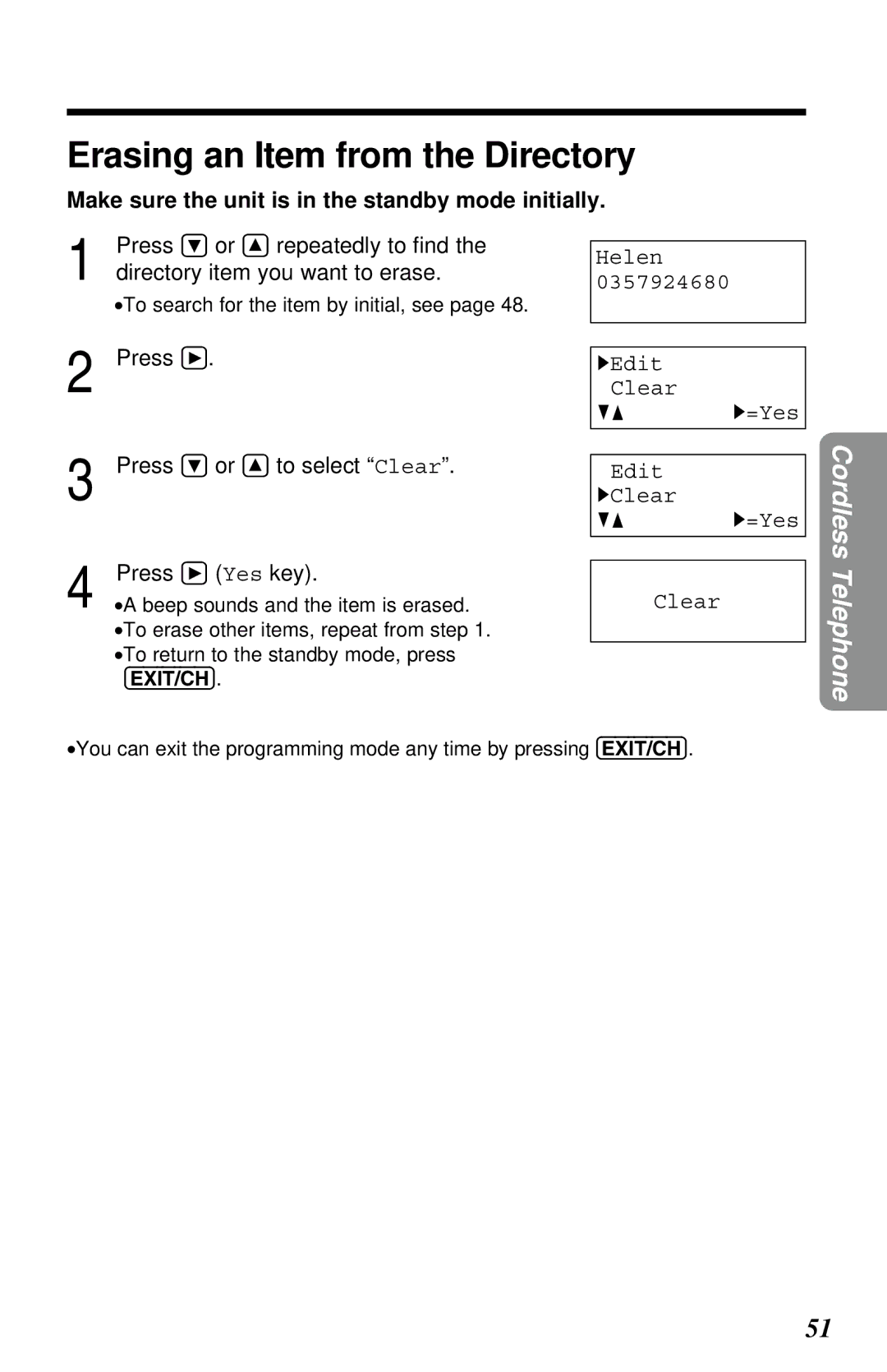 Panasonic KX-TC1230NZW, KX-TC1230ALW Erasing an Item from the Directory, Directory item you want to erase 