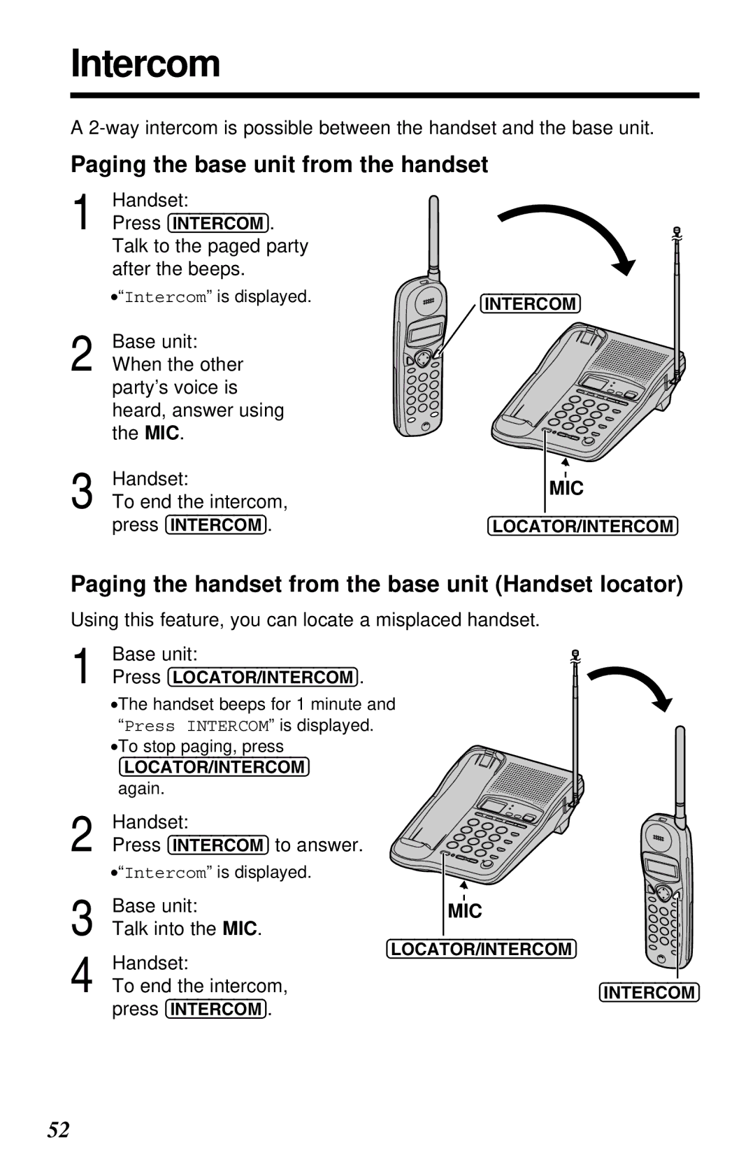 Panasonic KX-TC1230ALW, KX-TC1230NZW Paging the base unit from the handset, Handset Press Intercom to answer 