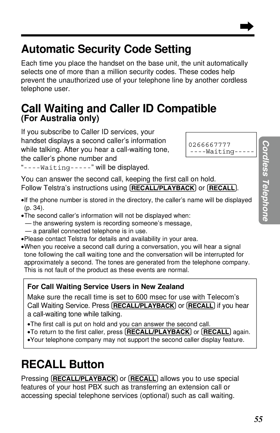 Panasonic KX-TC1230NZW, KX-TC1230ALW Automatic Security Code Setting, Call Waiting and Caller ID Compatible, Recall Button 