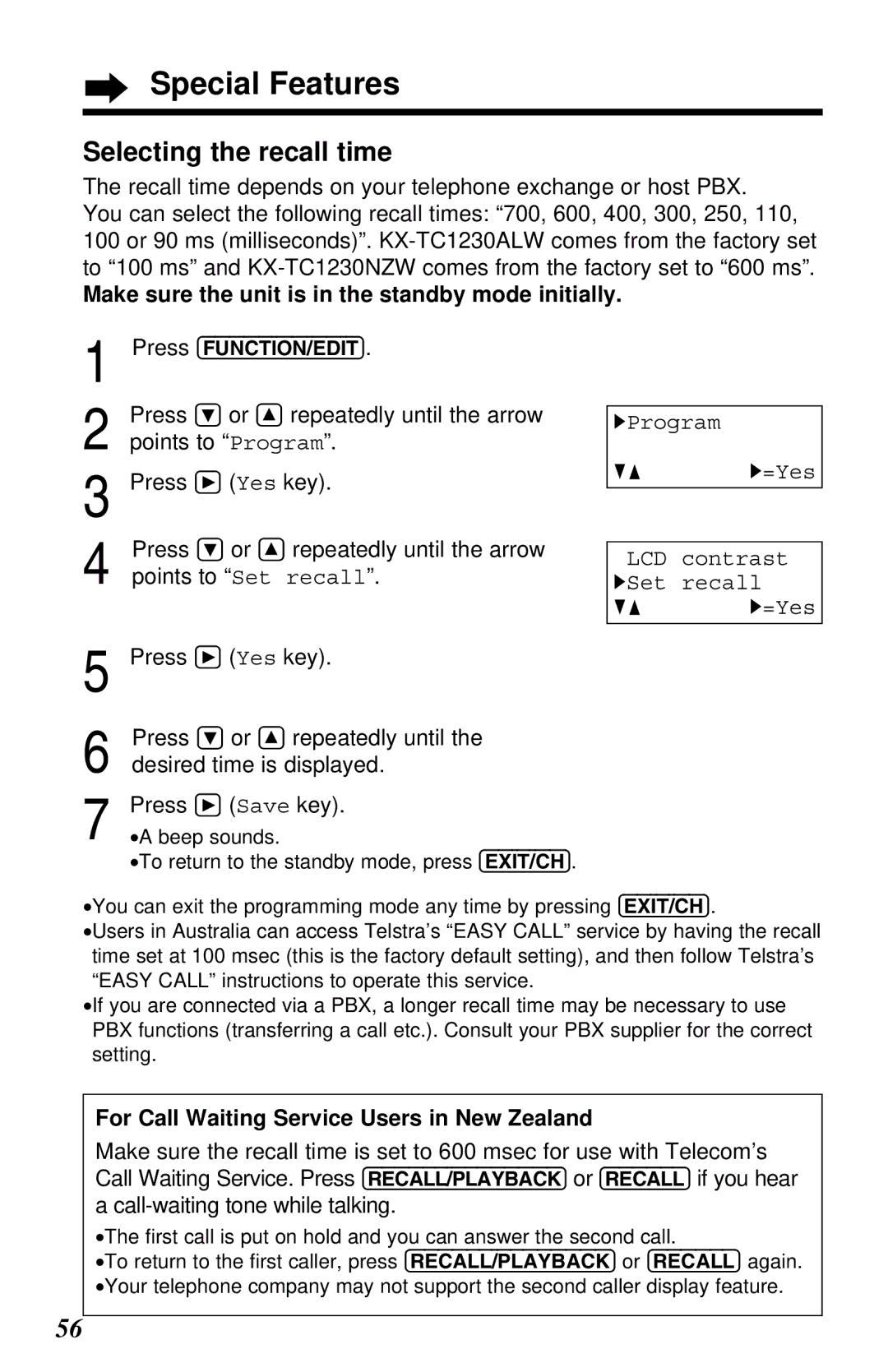 Panasonic KX-TC1230ALW, KX-TC1230NZW Selecting the recall time, Points to Set recall, Desired time is displayed 