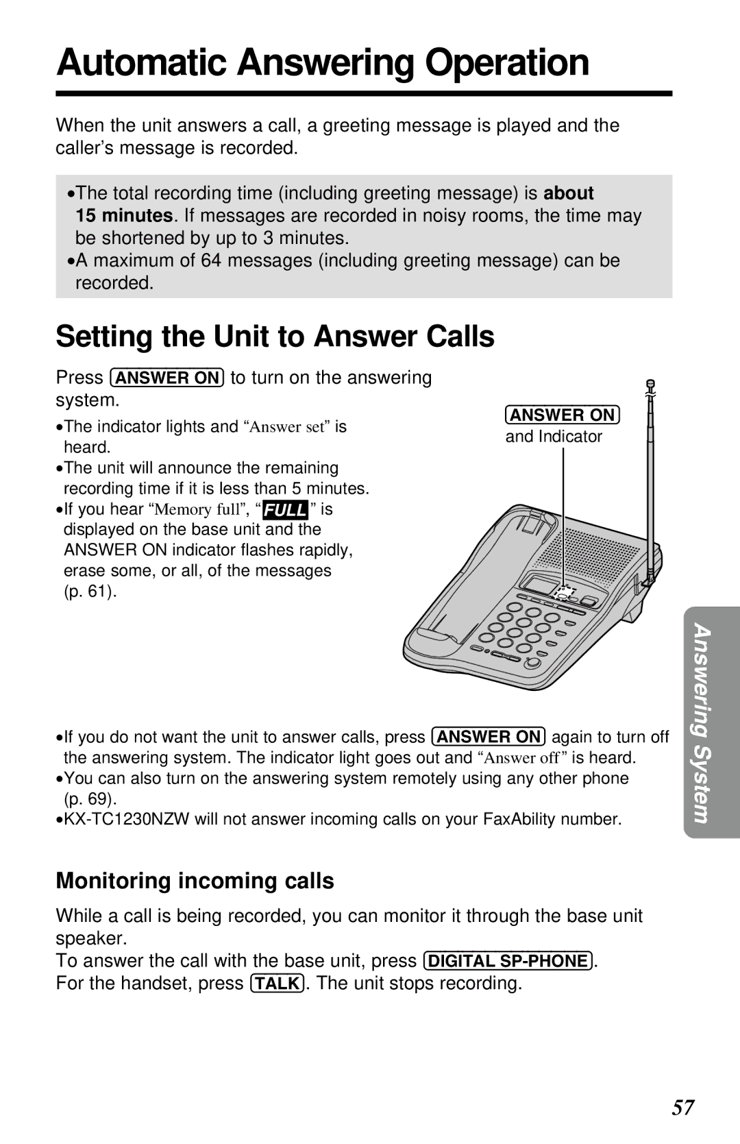 Panasonic KX-TC1230NZW, KX-TC1230ALW operating instructions Automatic Answering Operation, Setting the Unit to Answer Calls 