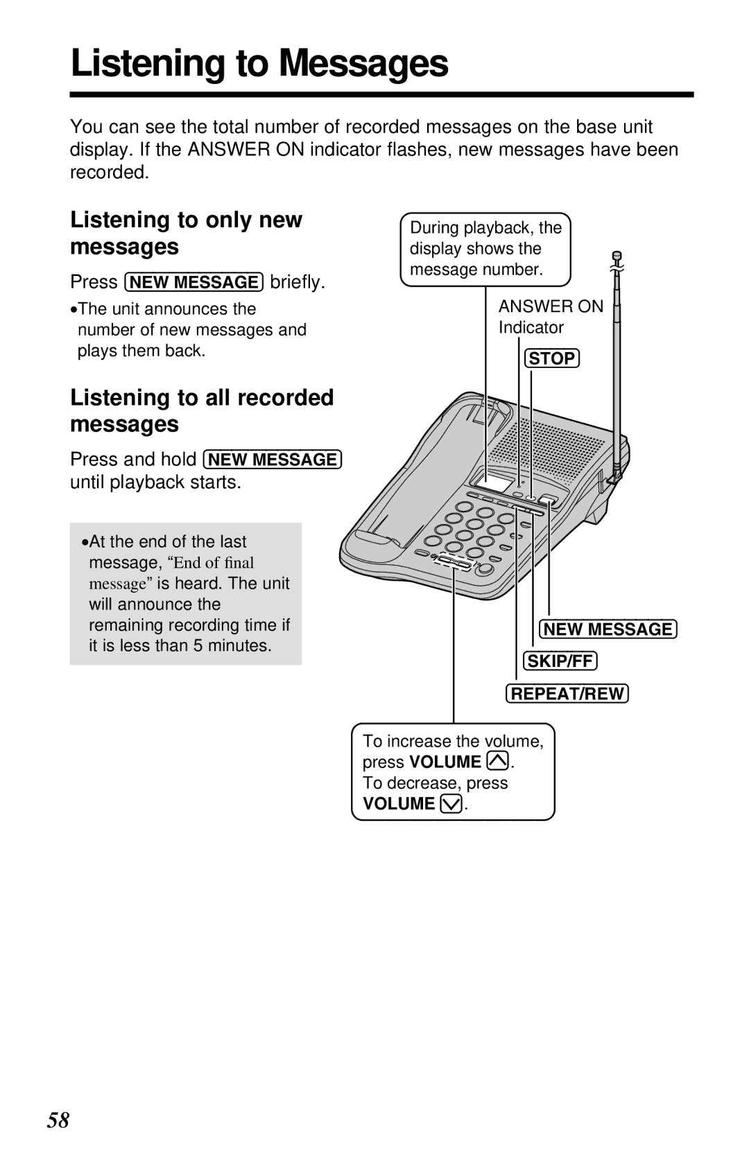 Panasonic KX-TC1230ALW, KX-TC1230NZW, KX-TC1230NZW, KX-TC1230ALW Listening to Messages, Listening to only new messages 