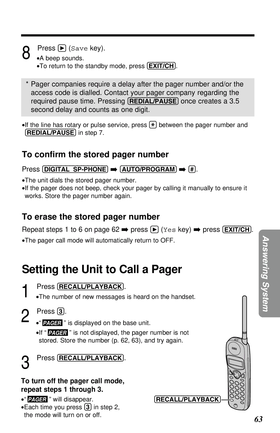 Panasonic KX-TC1230NZW, KX-TC1230ALW Setting the Unit to Call a Pager, To conﬁrm the stored pager number 