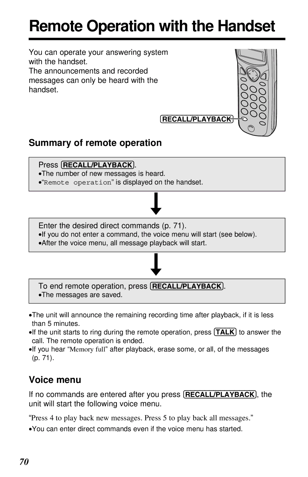 Panasonic KX-TC1230ALW, KX-TC1230NZW Remote Operation with the Handset, Voice menu, Enter the desired direct commands p 