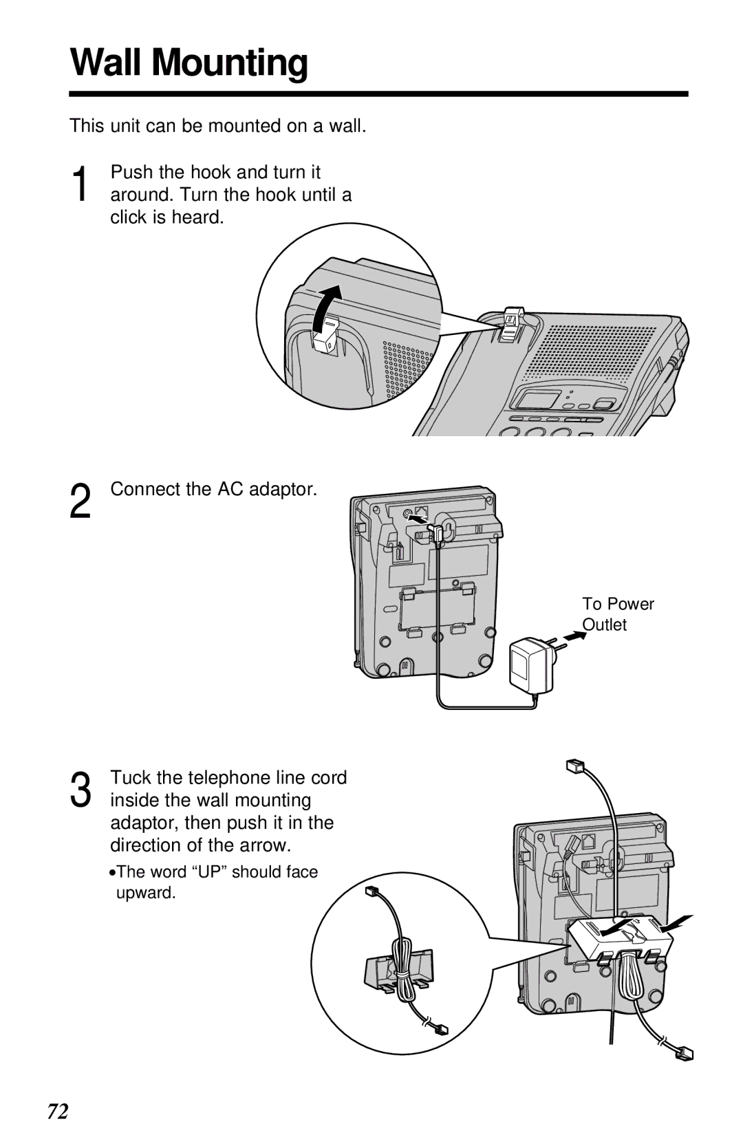 Panasonic KX-TC1230ALW, KX-TC1230NZW Wall Mounting, Tuck the telephone line cord, Inside the wall mounting 