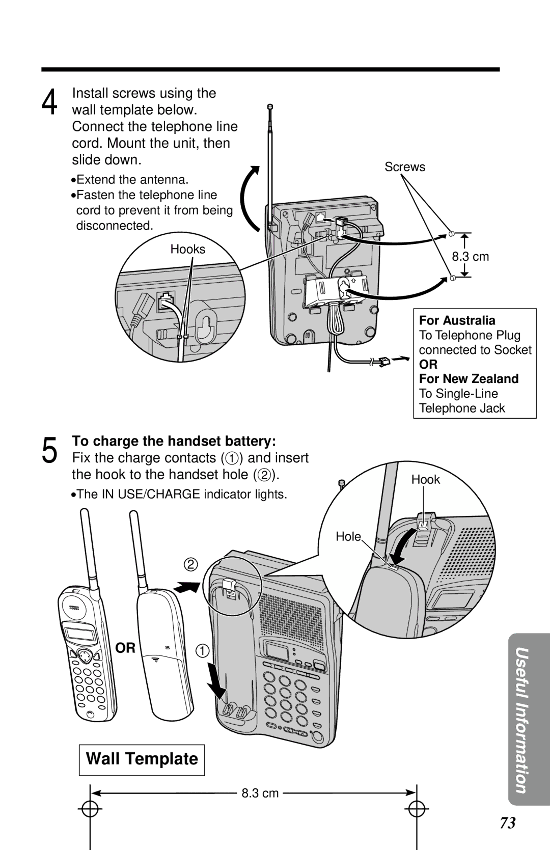 Panasonic KX-TC1230NZW, KX-TC1230ALW, KX-TC1230ALW, KX-TC1230NZW Wall Template, To charge the handset battery 