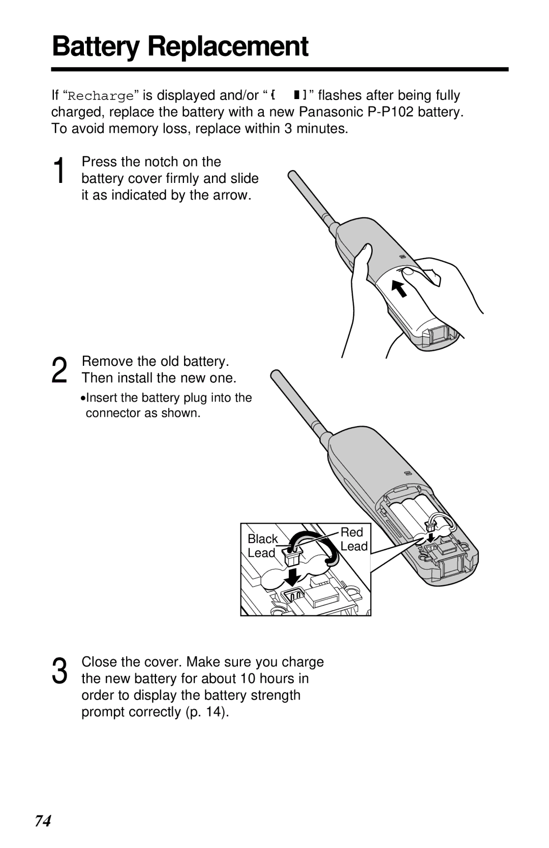 Panasonic KX-TC1230ALW, KX-TC1230NZW operating instructions Battery Replacement, Close the cover. Make sure you charge 