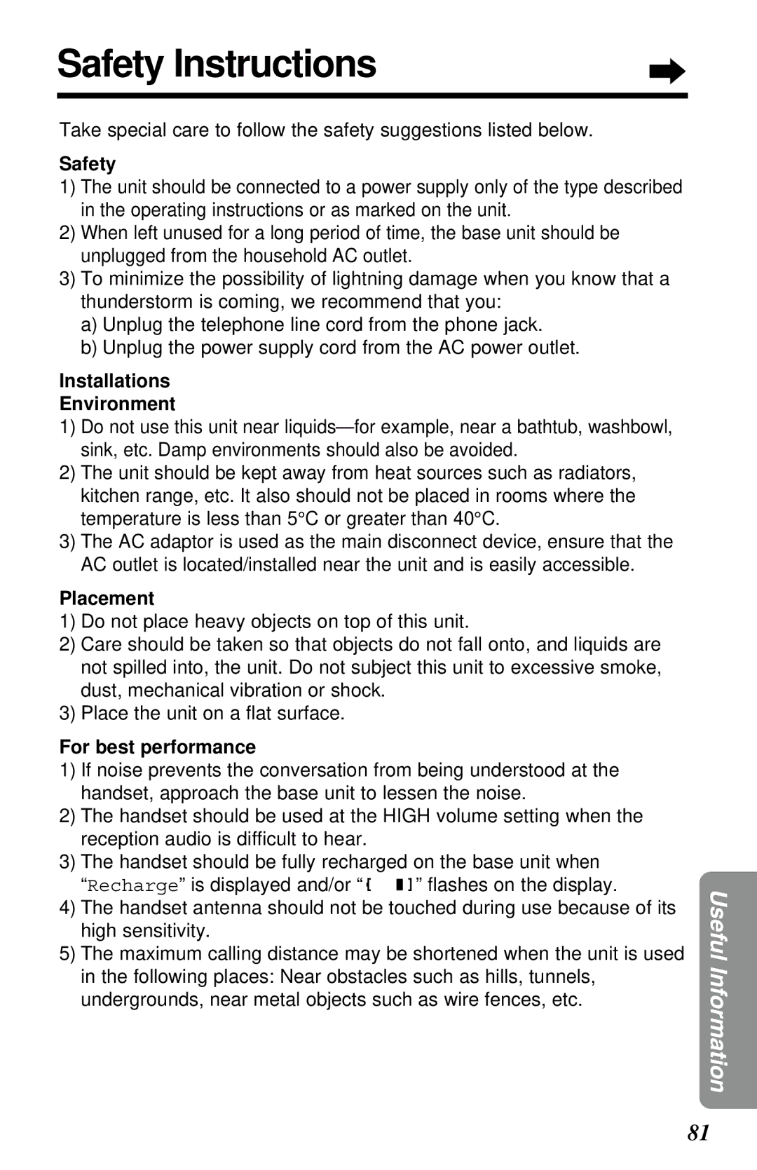 Panasonic KX-TC1230NZW, KX-TC1230ALW Safety Instructions, Installations Environment, Placement, For best performance 