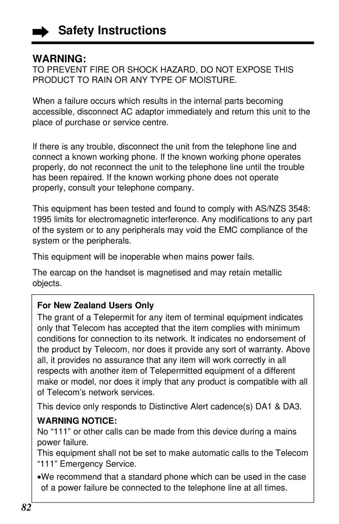 Panasonic KX-TC1230ALW, KX-TC1230NZW, KX-TC1230NZW, KX-TC1230ALW Safety Instructions, For New Zealand Users Only 