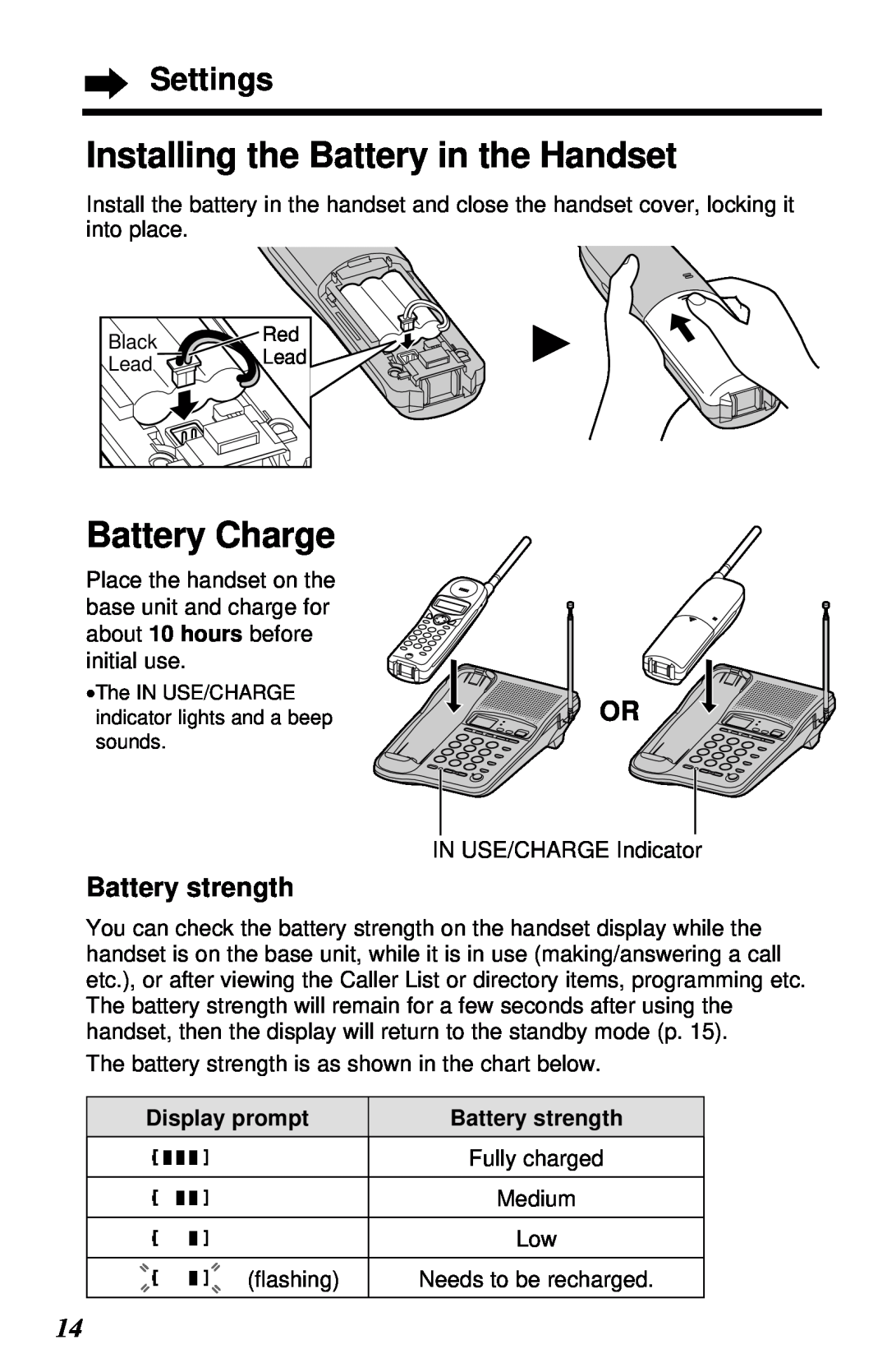 Panasonic KX-TC1230ALW, KX-TC1230NZW Installing the Battery in the Handset, Settings, Battery strength, Display prompt 