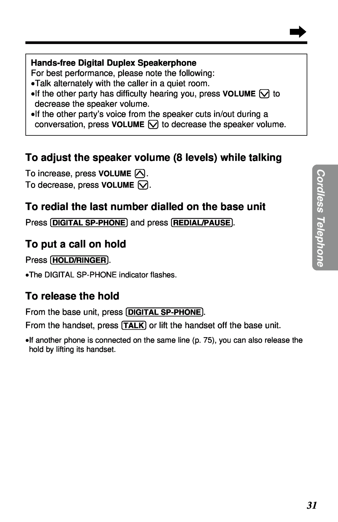 Panasonic KX-TC1230NZW, KX-TC1230ALW To adjust the speaker volume 8 levels while talking, To put a call on hold 