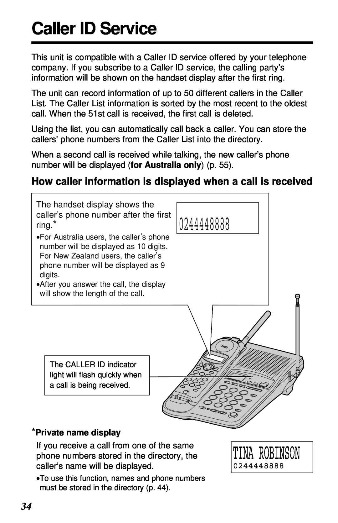 Panasonic KX-TC1230ALW, KX-TC1230NZW Caller ID Service, How caller information is displayed when a call is received 