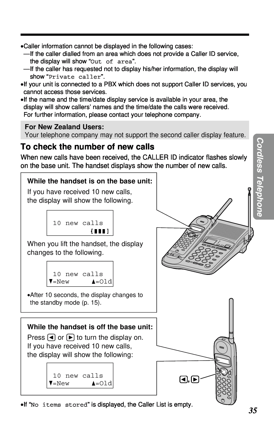 Panasonic KX-TC1230NZW, KX-TC1230ALW To check the number of new calls, For New Zealand Users, new calls G=New F=Old 