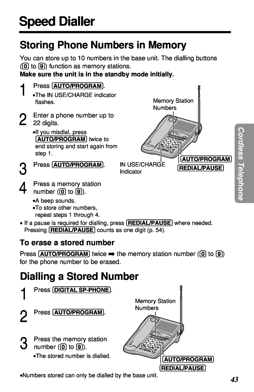 Panasonic KX-TC1230NZW, KX-TC1230ALW Speed Dialler, Storing Phone Numbers in Memory, Dialling a Stored Number 