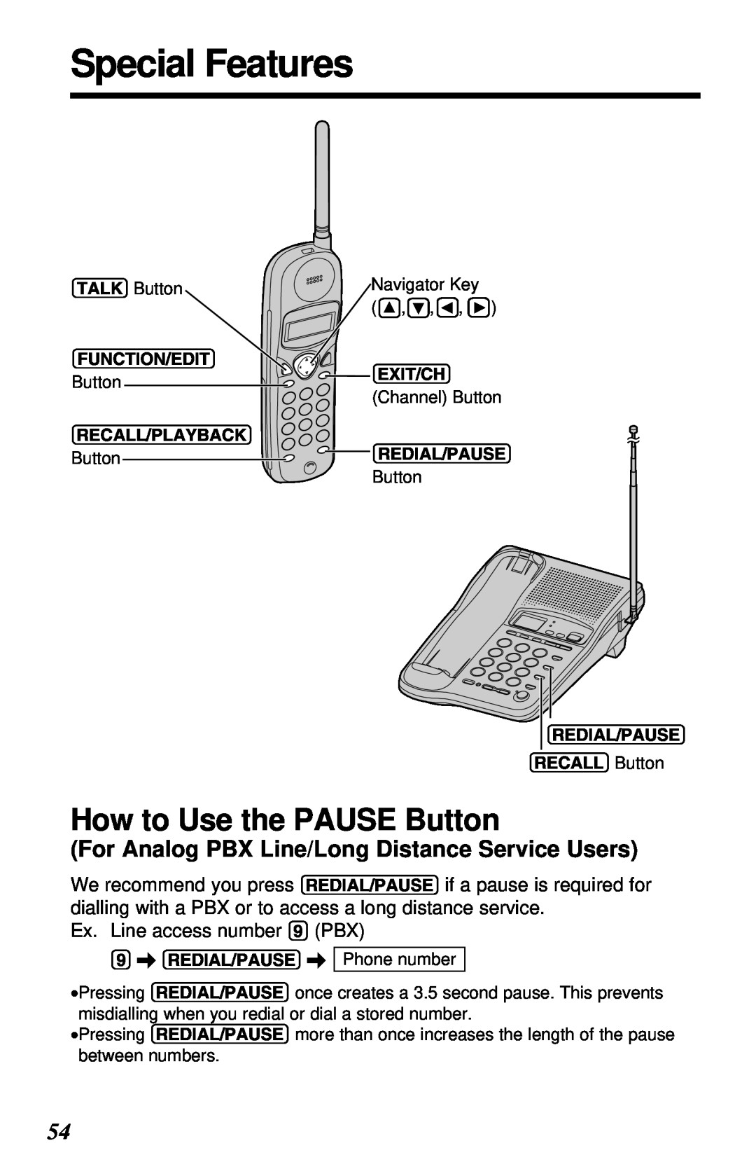 Panasonic KX-TC1230ALW, KX-TC1230NZW, KX-TC1230NZW, KX-TC1230ALW Special Features, How to Use the PAUSE Button 