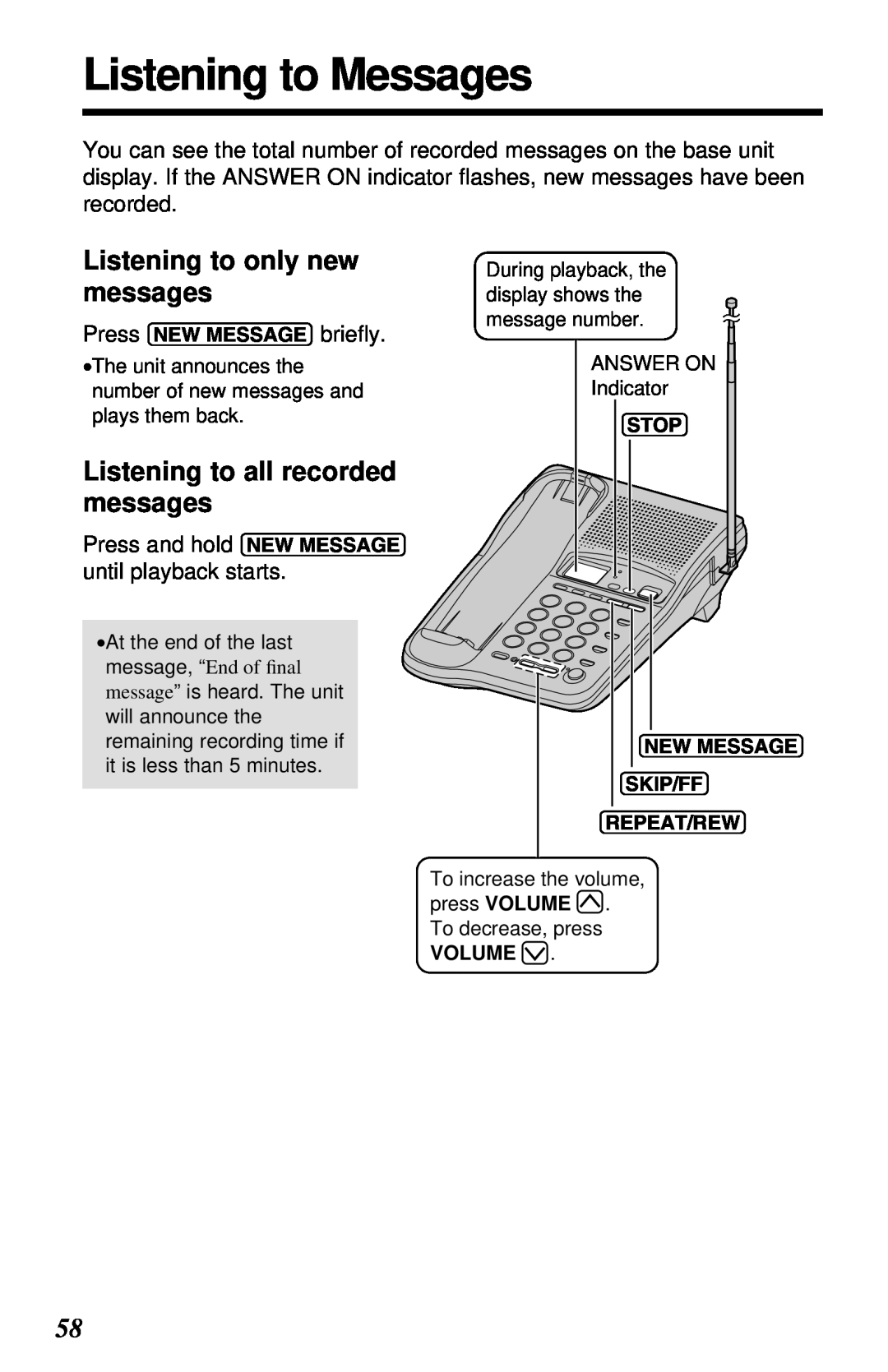 Panasonic KX-TC1230ALW, KX-TC1230NZW operating instructions Listening to Messages, Listening to only new messages, Volume 