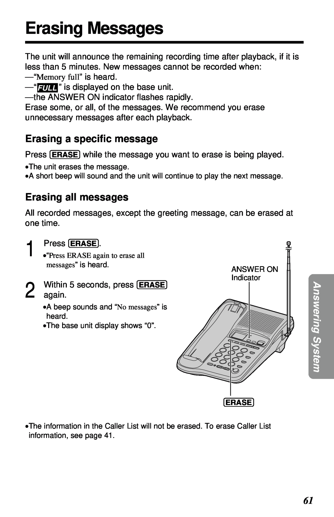 Panasonic KX-TC1230NZW, KX-TC1230ALW Erasing Messages, Erasing a speciﬁc message, Erasing all messages, Answering System 