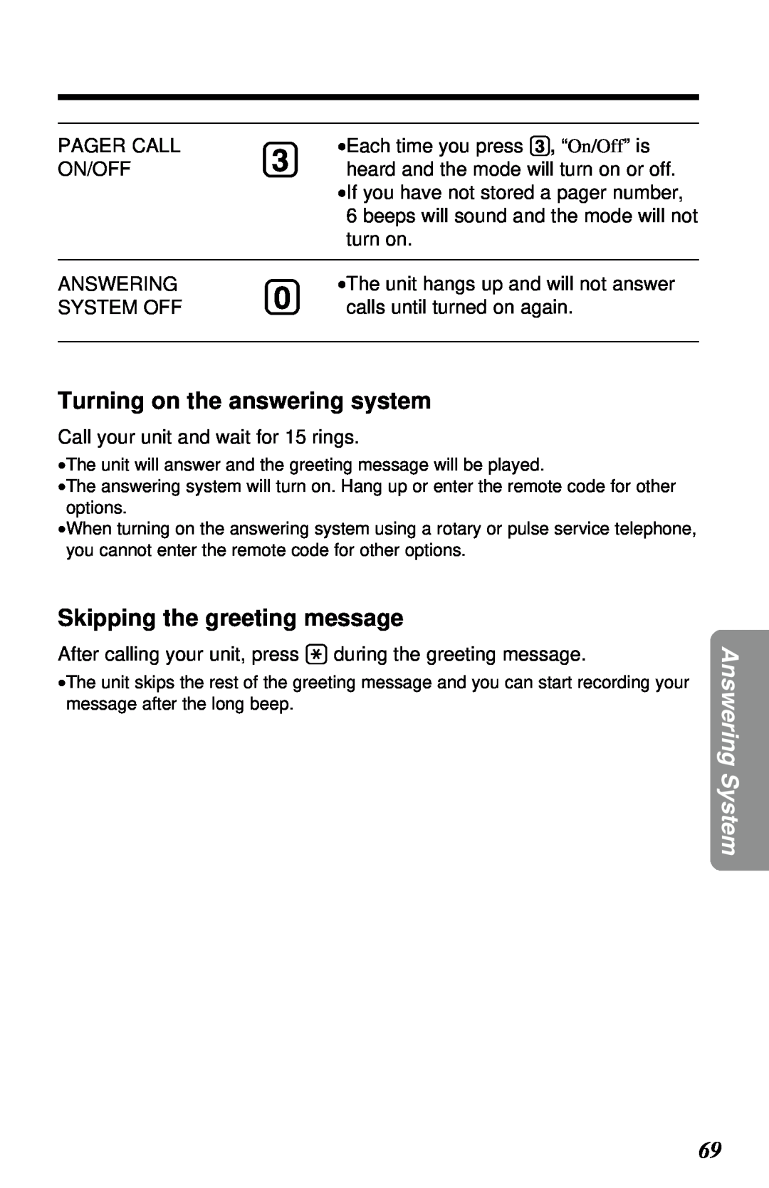 Panasonic KX-TC1230NZW, KX-TC1230ALW Turning on the answering system, Skipping the greeting message, Answering System 