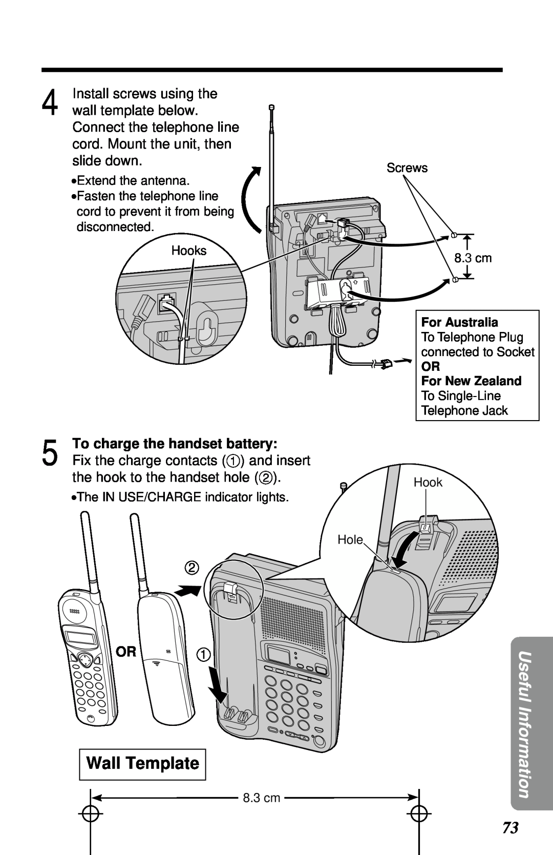 Panasonic KX-TC1230NZW, KX-TC1230ALW Wall Template, To charge the handset battery, Useful Information, For Australia 