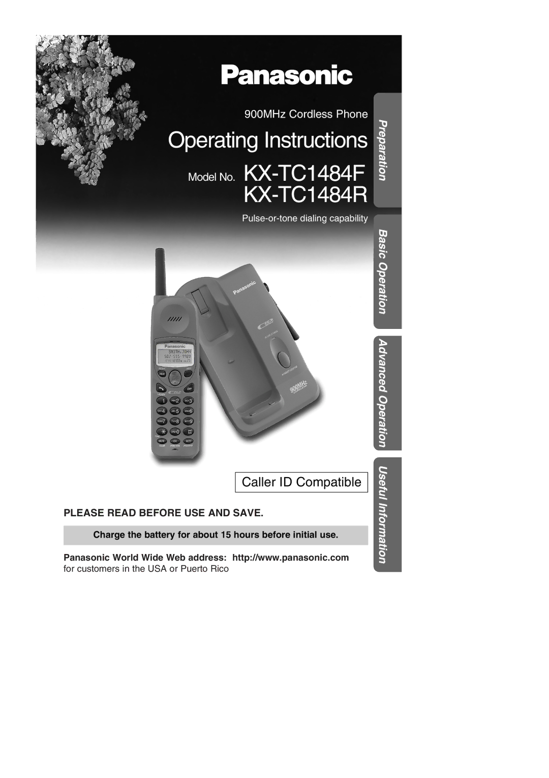 Panasonic KX-TC1484F operating instructions Charge the battery for about 15 hours before initial use 