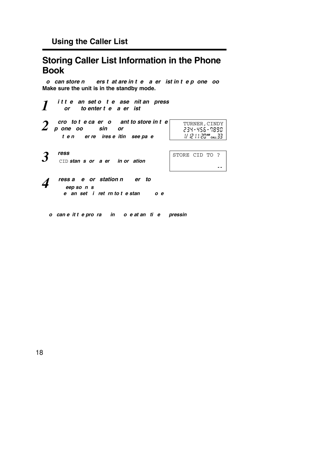 Panasonic KX-TC1484F Storing Caller List Information in the Phone Book, Press a memory station number 0 to 