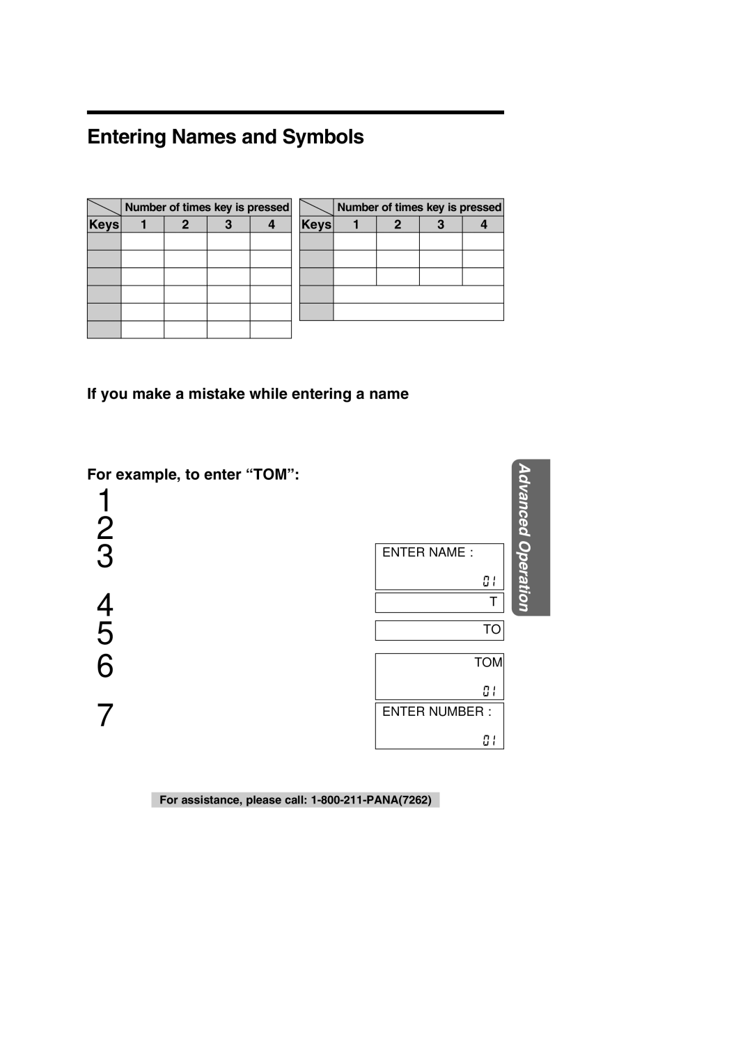 Panasonic KX-TC1484F Entering Names and Symbols, If you make a mistake while entering a name, For example, to enter TOM 