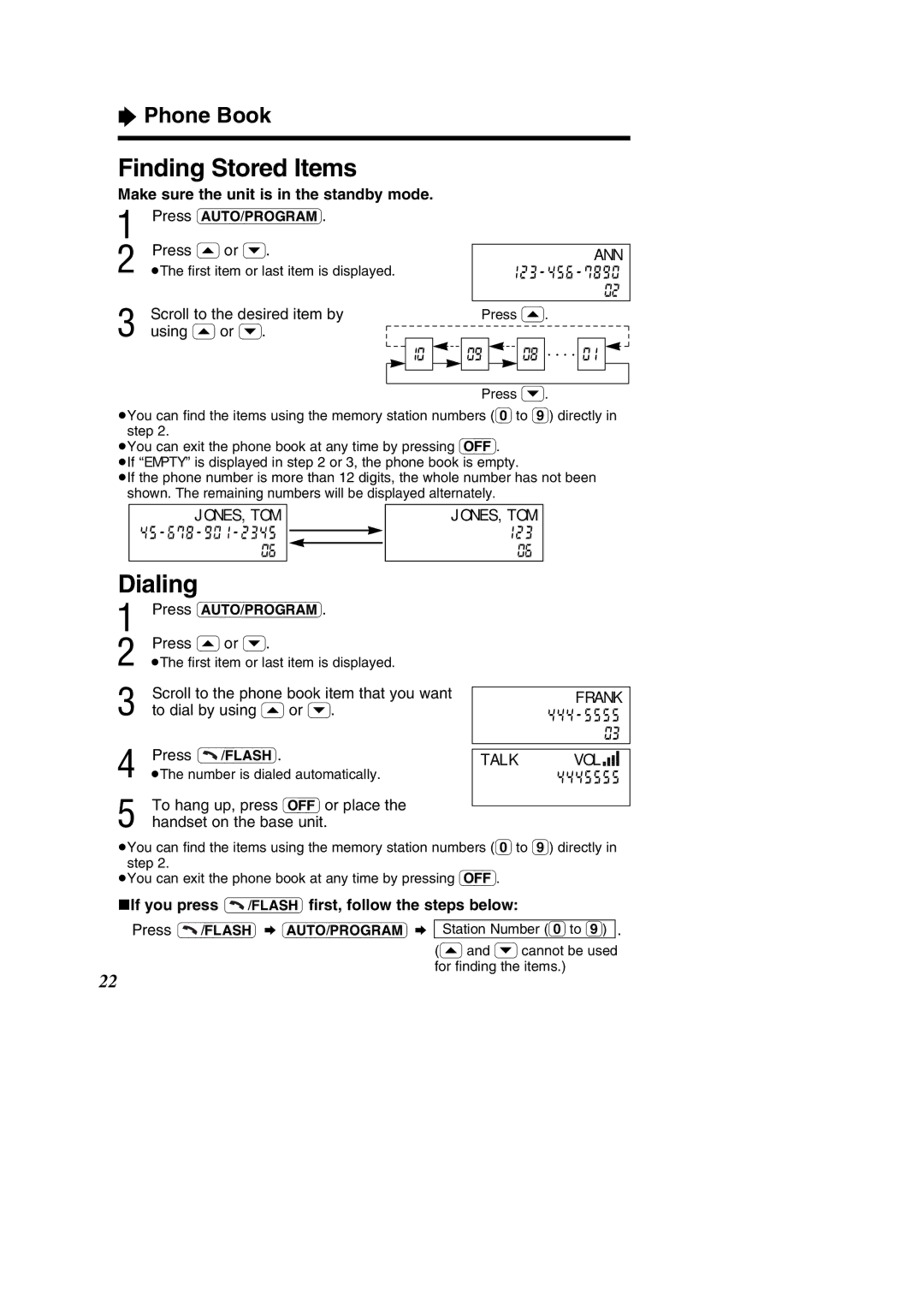 Panasonic KX-TC1484F Finding Stored Items, Dialing, Phone Book, If you press ---/FLASHﬁrst, follow the steps below 