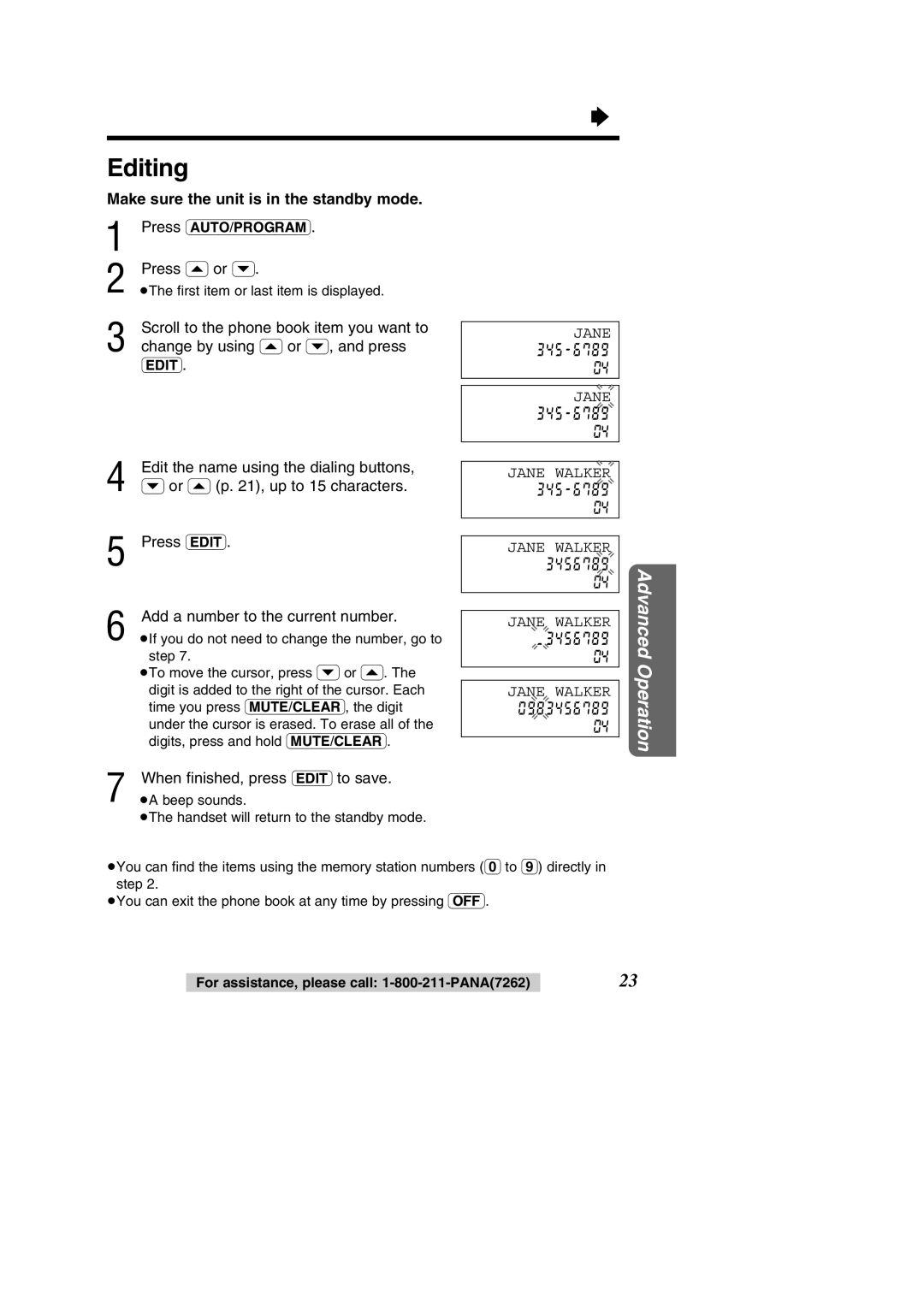 Panasonic KX-TC1484F operating instructions Editing, Jane Jane Walker 